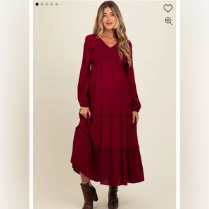 PinkBlush Burgundy Smocked Tiered Maternity Midi Dress